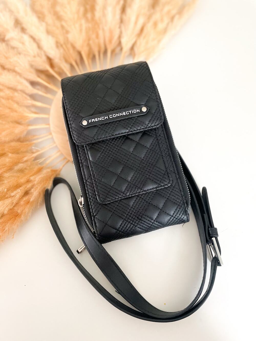 French Connection Black Quilted Crossbody Bag Faux Leather Wallet Phone Holder